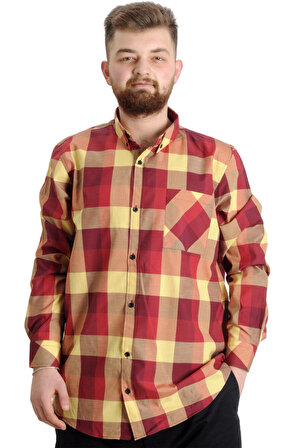 Mode XL Büyük Beden Erkek Gömlek Ekose Uzun Kollu 23300 Sarı