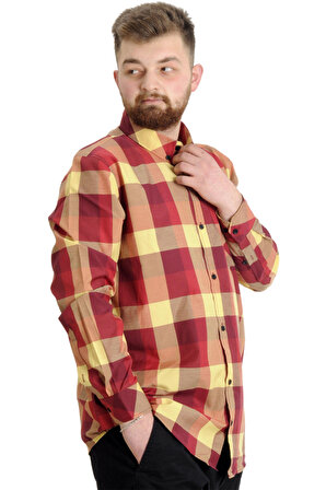 Mode XL Büyük Beden Erkek Gömlek Ekose Uzun Kollu 23300 Sarı