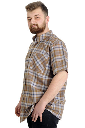 Mode XL Büyük Beden Erkek Gömlek Ekose Kısa Kollu 23301 Kahverengi