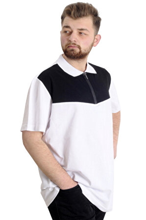 Mode XL Büyük Beden Erkek T-shirt Polo FRAGMENTED 23325 Beyaz