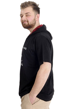 Mode XL Büyük Beden Erkek T-shirt Kapşonlu MUHAMMAD 23120 Siyah