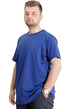 Mode XL Büyük Beden Erkek T-shirt FLAM Yaka Basic 20035 İndigo