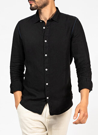 Mr. Mood Standart Düğmeli Yaka Siyah Erkek Gömlek Mr Linen Shirt