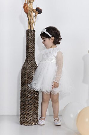 Minimony 6-24 Ay Uzun Kol Tül Yakalı Kız Bebek Çocuk Bayramlık Abiye Gelinlik Elbisesi 1003
