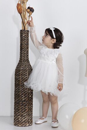 Minimony 6-24 Ay Uzun Kol Tül Yakalı Kız Bebek Çocuk Bayramlık Abiye Gelinlik Elbisesi 1003