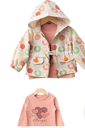 Kız Bebek Mevsimlik Keten Takım 3'lü Yazlık Ceket Pembe Puanlı