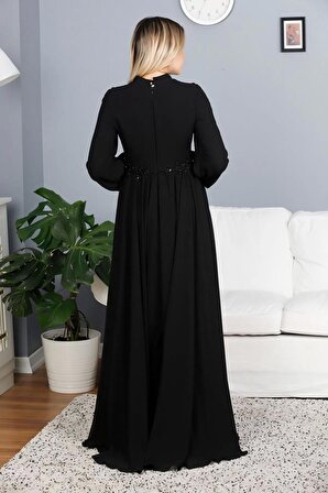 Fırfır Detaylı Tesettür Abiye Elbise 676-Siyah