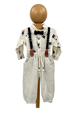 Erkek Bebek Takım Gömlek Pantalon Papyonlu Askılı Krem