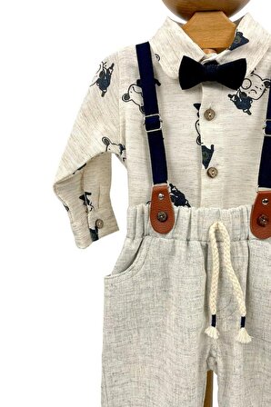 Erkek Bebek Takım Gömlek Pantalon Papyonlu Askılı Krem