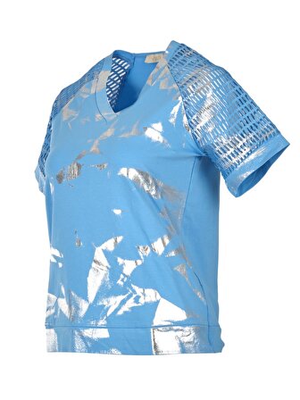 Vedi V Yaka Parlak Kısa Kollu Mavi Kadın T-Shirt 2243111