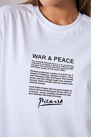 The Champ War Peace Pablo Picasso Yazılı Yüz Tasarım Baskılı Oversize Beyaz Kadın T-Shirt 