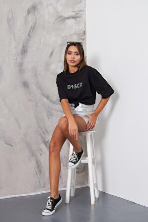 The Champ Disco Yazılı Taş İşlemeli Tasarım Oversize Siyah Kadın T-Shirt