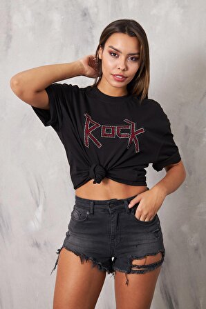 The Champ Rock Yazılı Kırmızı Taş İşlemeli Tasarım Oversize Siyah Kadın T-Shirt
