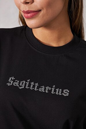 The Champ Sagittarius Yazılı Taş İşlemeli Tasarım Oversize Siyah Kadın T-Shirt