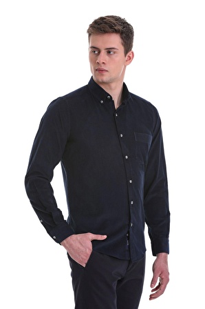 Lacivert Slim Fit Düz 100% Pamuklu Düğmeli Yaka Uzun Kollu Klasik Gömlek | L