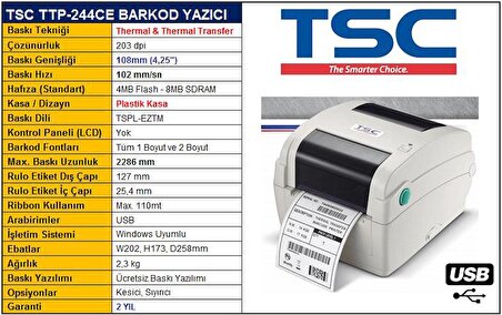 TSC TTP-244CE Termal Transfer Barkod Etiket Yazıcı