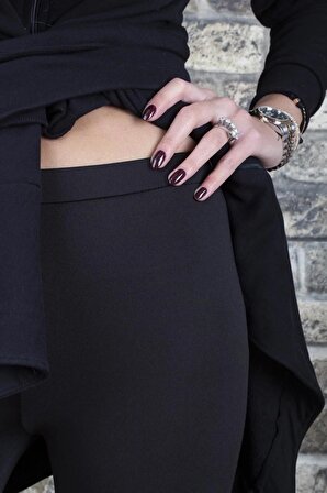 Kadın Şardonlu Dalgıç Kumaş Normal Bel Siyah Tayt