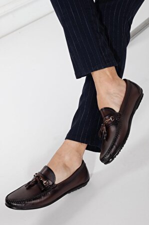 Hakiki Deri Püsküllü Erkek Kahverengi Loafer Ayakkabı