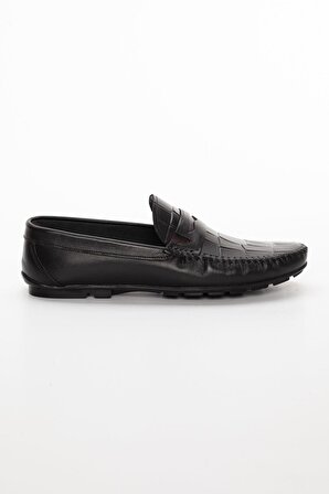 Hakiki Deri Rok Baskılı Siyah Erkek Günlük Loafer Ayakkabı