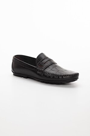 Hakiki Deri Rok Baskılı Siyah Erkek Günlük Loafer Ayakkabı