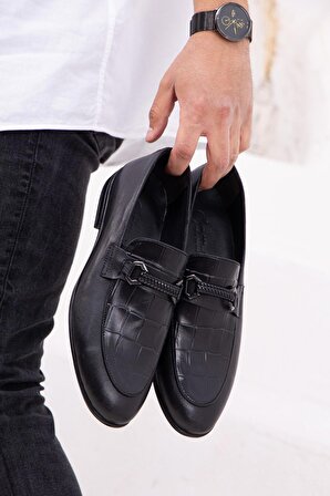 Hakiki Deri Rok Kroko Siyah Erkek Klasik Loafer Ayakkabı