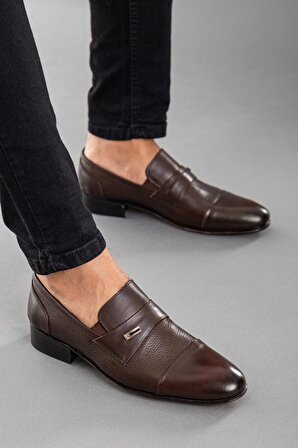 Hakiki Deri Kösele Parçalı Bağsız Kahverengi Erkek Klasik Ayakkabı