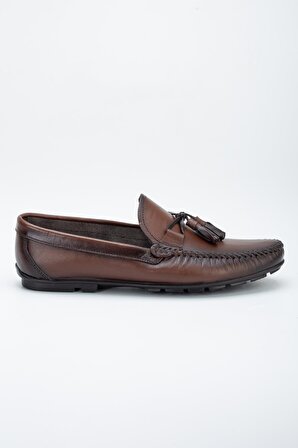 Hakiki Deri Rok Geçme Püsküllü Kahverengi Erkek Günlük Loafer Ayakkabı
