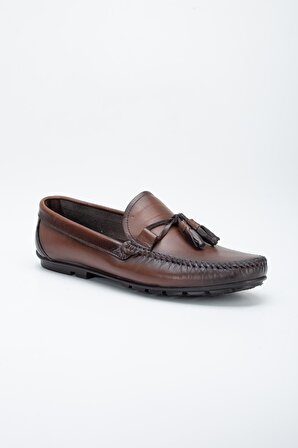 Hakiki Deri Rok Geçme Püsküllü Kahverengi Erkek Günlük Loafer Ayakkabı