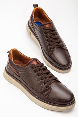 Hakiki Deri Bağcıklı Çift Renk Taban Kahverengi Erkek Günlük Casual Ayakkabı