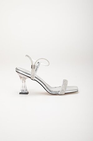 Kalın Tekbant Taşlı Ayna Malzeme Gümüş Kadın Şeffaf Topuklu Abiye Ayakkabı