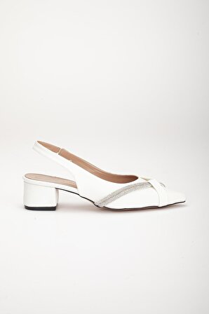 Büyük Numara Zara Saten Taşlı Beyaz Kadın Kısa Topuklu Abiye Ayakkabı