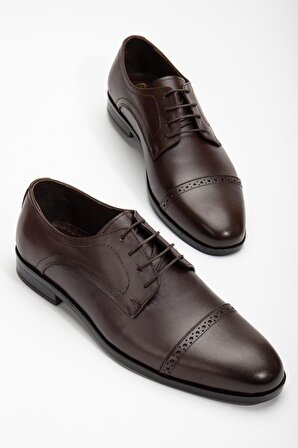 Hakiki Doğal Deri Zımbalı Parçalı Kahverengi Erkek Klasik Ayakkabı