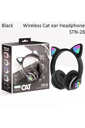 Siyah Kedi Kulağı Bluetooth 5.0 kablosuz Çocuk Kulaklığı Işıklı Vilya Kulak Detaylı