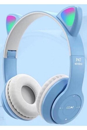 Mavi Led Işıklı Kedi Kulaklık Mikrofonlu Katlanabilir Bluetooth 5.0