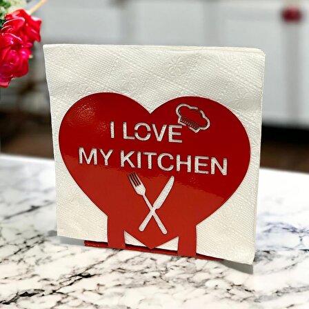 "I LOVE MY KITCHEN" Temalı Metal Peçetelik Kırmızı Kalp Şeklinde
