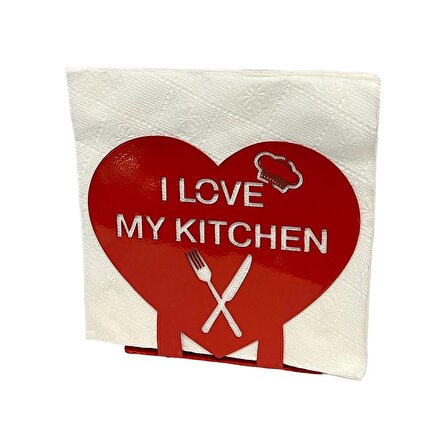"I LOVE MY KITCHEN" Temalı Metal Peçetelik Kırmızı Kalp Şeklinde