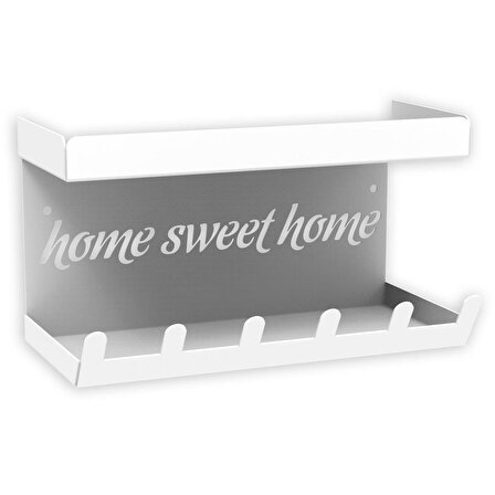 HOME SWEET HOME Duvara Monte Raflı ve 6 Kancalı Anahtarlık Askılık - Beyaz