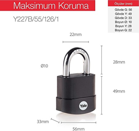 Yale Kilit Y227B/55/126/1 55 mm Protector Serisi Zor Hava Şartlarına Dayanıklı Asma Kilit