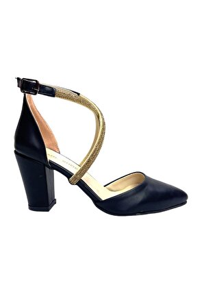 Siyah-Altın Klasik 8 Cm Topuklu Ayakkabı