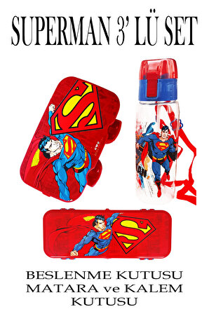 Superman Çocuk Beslenme Kutusu Matara Kalem Kutusu 3' Lü Set