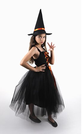 Kız Çocuk Turuncu Şeritli Halloween Cadı Kostümü Kız Çocuk Cadı Elbisesi Doğum Günü Parti Elbisesi