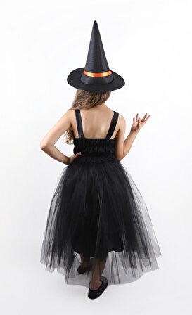 Kız Çocuk Turuncu Şeritli Halloween Cadı Kostümü Kız Çocuk Cadı Elbisesi Doğum Günü Parti Elbisesi