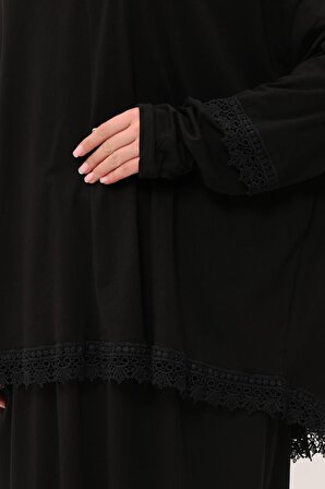 Siyah İki Parça Namaz Elbisesi Pamuk Kumaş Dantelli 2205_01