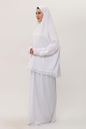 Beyaz İki Parça Namaz Elbisesi Pamuk Kumaş Dantelli 2205_42