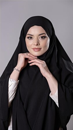 Siyah Pratik Hazır Geçmeli Tesettür Eşarp Medine İpeği Bağcıklı Sufle Hijab 2301_01