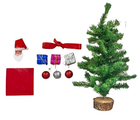 Yılbaşı Ağacı 30 cm Kütüklü, Noel Baba Süs Hediyeli, Yılbaşı Hediyelik, Masa Süsü Dekoratif Ağaç