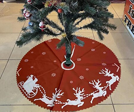Yılbaşı Ağacı Örtüsü 64cm, Ağaç Eteği Beyaz Geyikli Kırmızı Noel Ağaç Zemin Örtüsü Noel Süslemeleri
