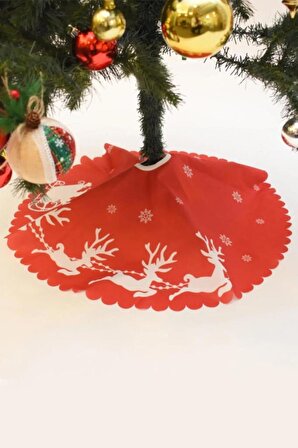 Yılbaşı Ağacı Örtüsü 64cm, Ağaç Eteği Beyaz Geyikli Kırmızı Noel Ağaç Zemin Örtüsü Noel Süslemeleri