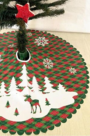 Yılbaşı Ağacı Örtüsü 64cm, Ağaç Eteği Beyaz Geyikli Yeşil Noel Ağaç Zemin Örtüsü Noel Süslemeleri
