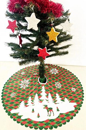 Yılbaşı Ağacı Örtüsü 64cm, Ağaç Eteği Beyaz Geyikli Yeşil Noel Ağaç Zemin Örtüsü Noel Süslemeleri